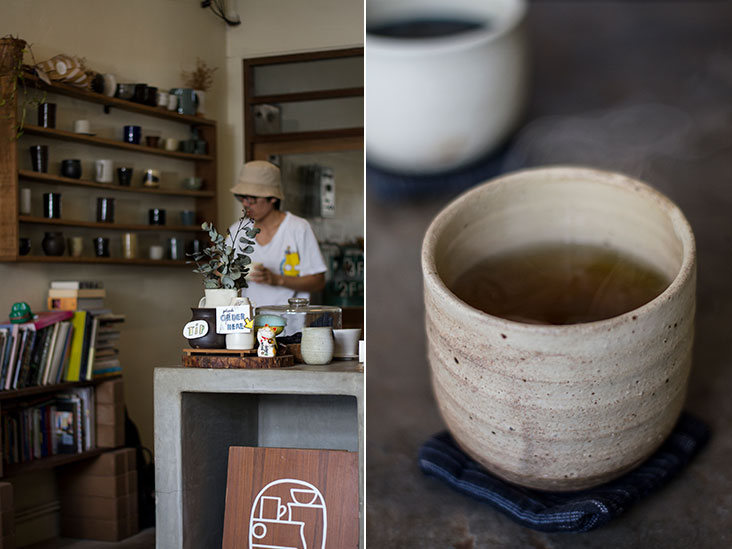 Feels like home: the warm atmosphere inside Aoon (left). Coffee and tea are served in rustic-looking, handmade cups at Aoon (right).