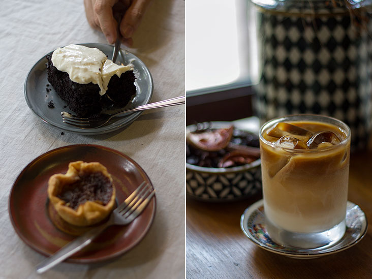 Tuck into some Guinness stout chocolate cake or sweet date tart at As.is (left). Iced cappuccino made with Thai coffee beans (right).