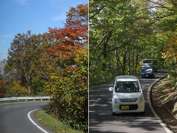 The Hakkoda route has many winding roads (left). Sometimes traffic can be slow-moving especially at steeper inclines (right).