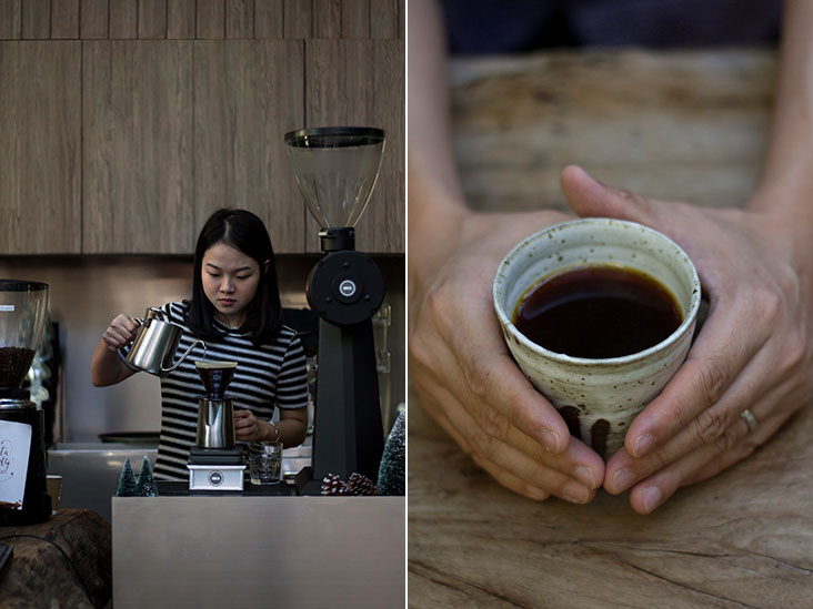 A barista at Chata making pour-over coffee (left). Sip your coffee slowly and enjoy Chata’s bucolic ambience (right).