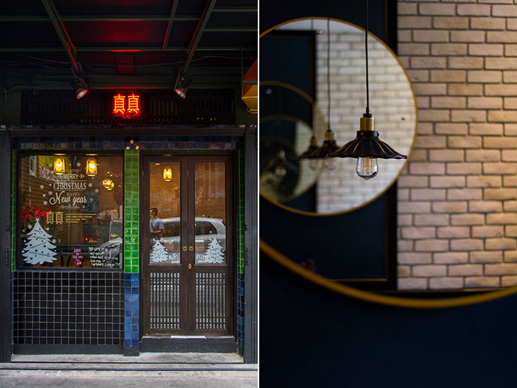 Jing Jing, a café cum ice cream parlour, is located near Yaowarat’s temple district (left). Once inside, Jing Jing’s décor is near monochromatic (right).