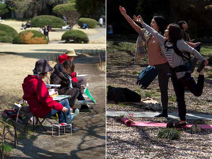 Retirees painting with watercolours (left). Young mothers practising yoga (right).