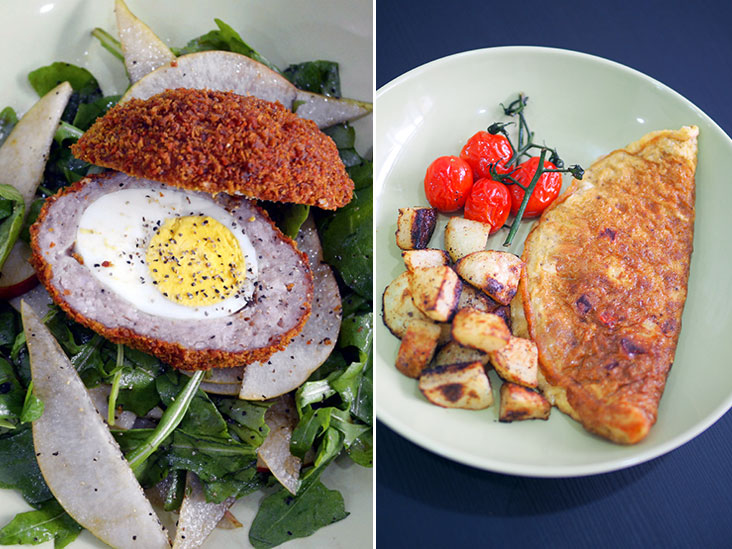 The cafe also serves their homemade Scotch egg with a salad (left). A new addition to their menu is this omelette served with roasted potatoes with delicious, crispy edges (right).