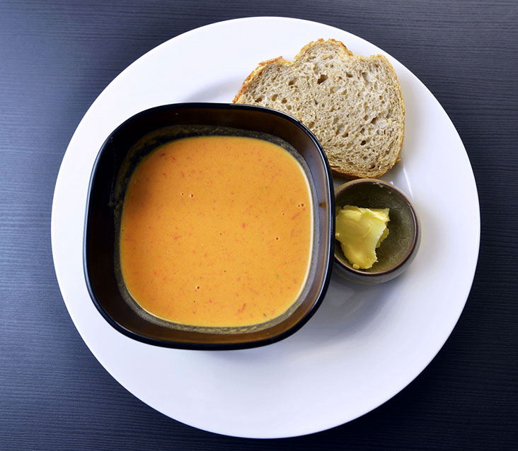 One of Matthew’s specialties is his homemade soup, like this one made from roasted red pepper and sweet potato.