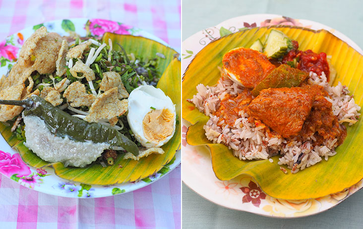 At Che Nah Nasi Dagang, you can get Kelantan specialties like nasi kerabu with solok lada (left). Enjoy nasi dagang with ikan tongkol at Che Nah Nasi Dagang (right).