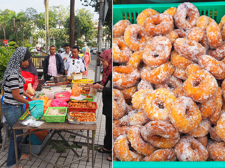 Be patient and join the queue of people who are eager to grab their breakfast at this stall that is located in front of CIMB (left). Zoom in on the delicious kuih keria served at this stall next to CIMB (right).