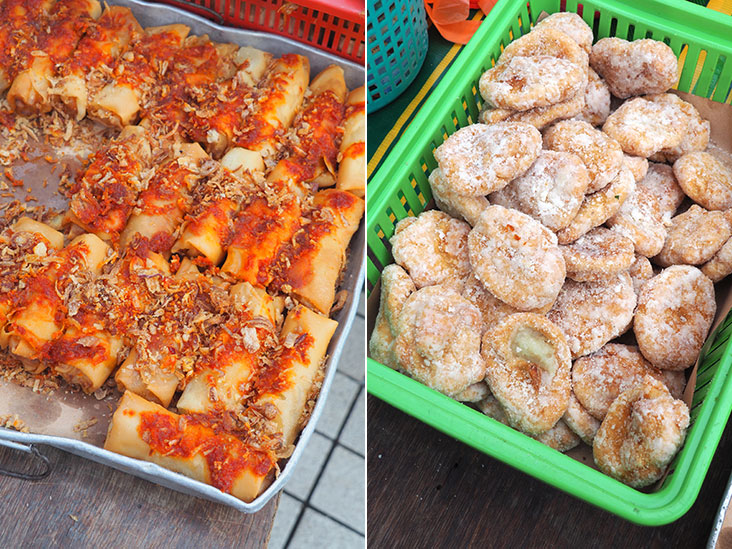 Popiah can be bought for a morning snack at the stall in front of CIMB (left). Occasionally, you get unusual kuih such as this rarely seen kuih getas at the stall in front of CIMB (right).