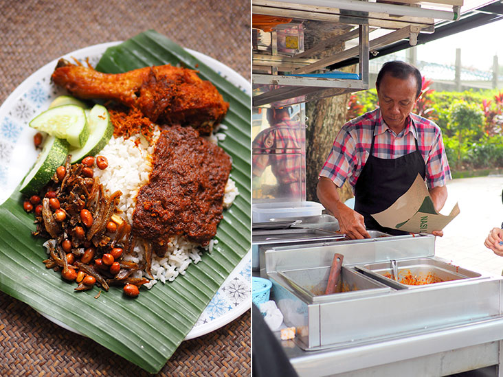 Get your nasi lemak fix from the Nasi Lemak Tanglin mobile van where there’s choices like ayam goreng, ayam masak merah and sambal sotong (left). Husin from Nasi Lemak Tanglin will be at hand to assemble your nasi lemak packet with whatever you want (right).