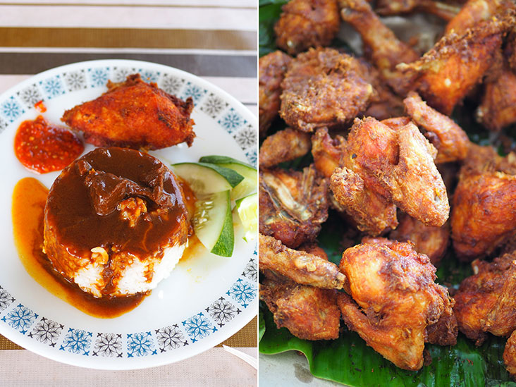 For lunch, try Nasi Kukus Farni for steamed rice, gulai daging, spicy sambal and ayam goreng (left). Select from a choice of ayam goreng or ayam kampung goreng at Nasi Kukus Farni (right).