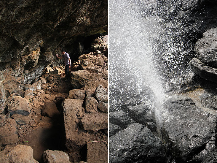 Descending underground (left). A mini “geyser” or water spout (right).
