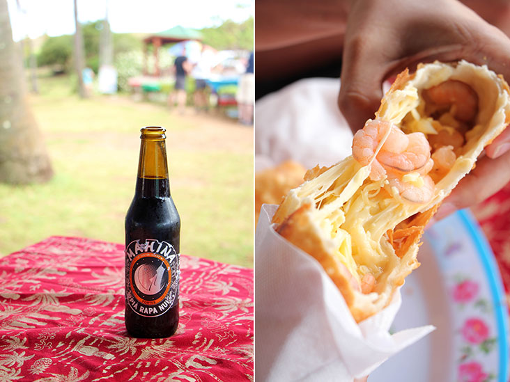 A dark, chocolatey Porter from Cervecería Mahina, possibly the world’s most remote brewery (left). Enjoy an empanada stuffed with shrimp and cheese (right).
