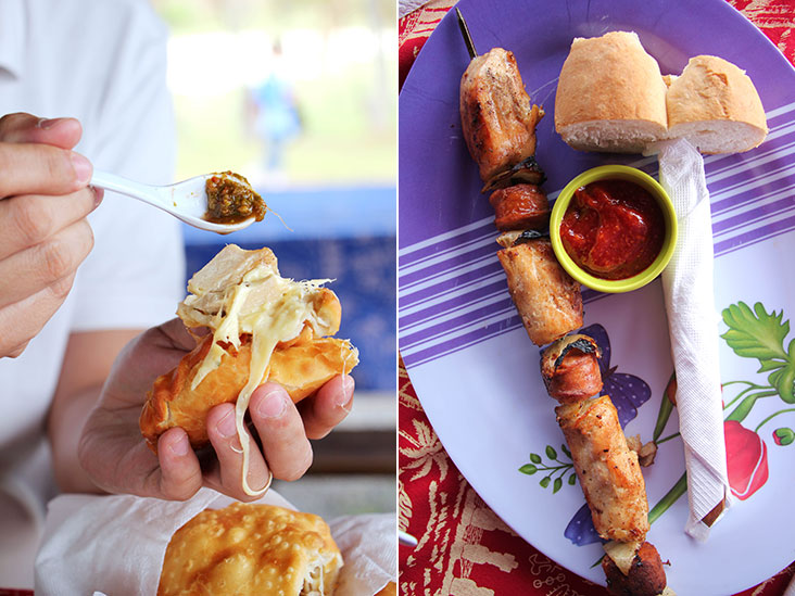 Add a bit of kick to your empanada with some fiery pebre (left). Asado, barbecued skewer of sausage and bacon (right).