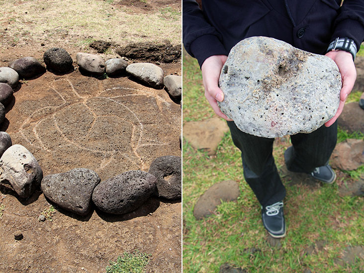 A petroglyph of a sea turtle (left). Coral or stone? (right).