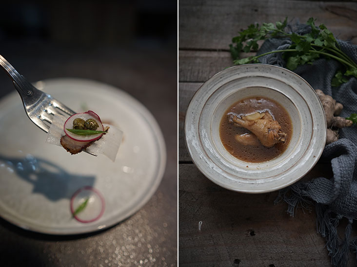 Surprisingly delicate-tasting salty pork belly with pickles (Hakka hum yuk) (left). Hakka yellow wine chicken soup (Hakka wong jiu kai) has profoundly comforting flavours (right).