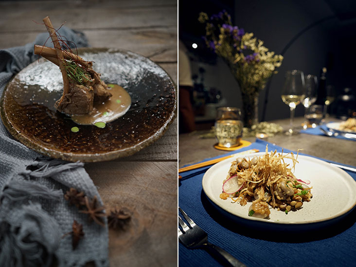 Choo makes her Hakka braised lamb (kiu zai yong) using either lamb belly or, by special order, lamb rack (left). Yam abacus beads (suan phan zi) are elevated by fine plating (right).