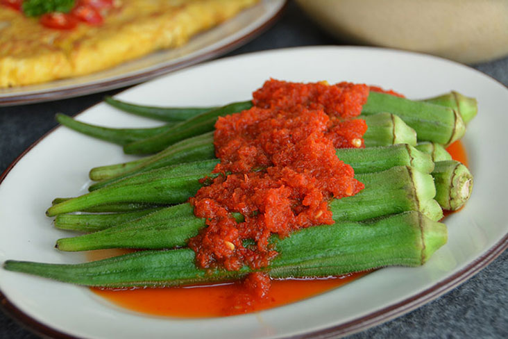 Okra sambal is one of the few vegetable dishes found here.