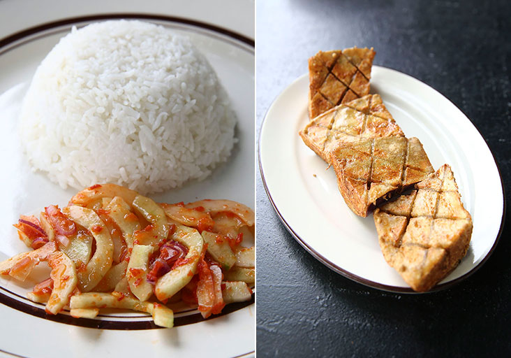 Each plate of rice is served with their tangy sambal timun that helps you clear the palate since their curries can be too rich, for some (left). The fried brinjal is a must-eat with your curries with its crispy crust seasoned with black pepper and salt from a recipe devised by Ammos (right).