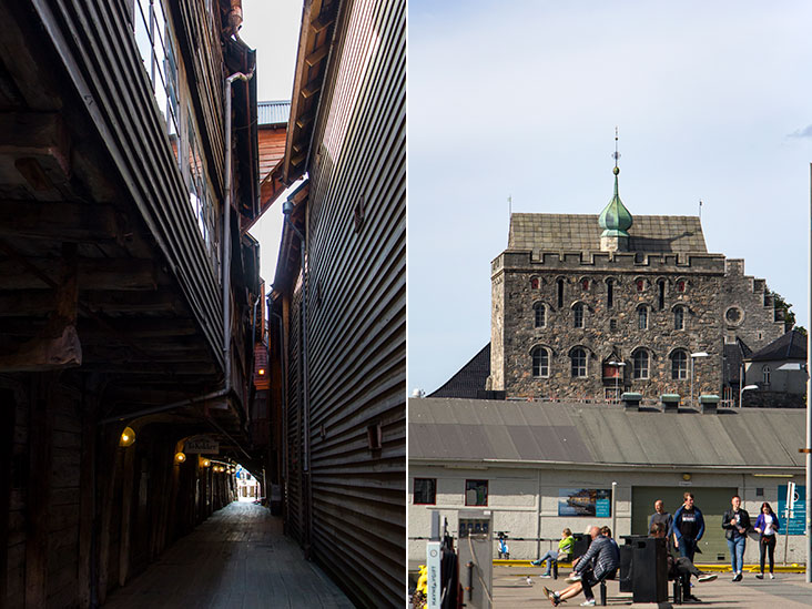 Hidden alleys to explore within Bryggen (left). Rosenkrantz Tower, named after Erik Rosenkrantz, the governor of Bergenhus Fortress from 1560 to 1568 (right).