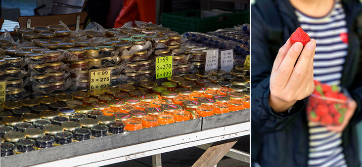 Various smoked and fermented seafood (left). Fresh strawberries (right).