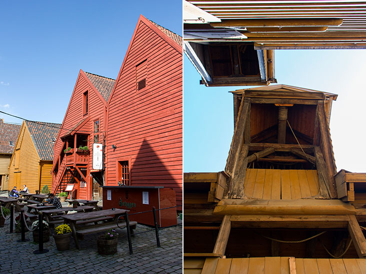 Picnic benches in Bryggen’s inner courtyard (left). An old watch tower (right).
