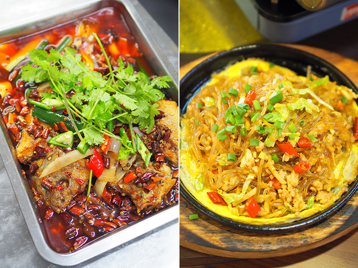 Sichuan roast fish is kept hot over a stove for you to enjoy the deep fried fish with the spicy, flavourful broth (left). The hotpot crystal noodles is a delicious combination of slightly chewy strands with minced meat cooked using Sichuan spices (right).