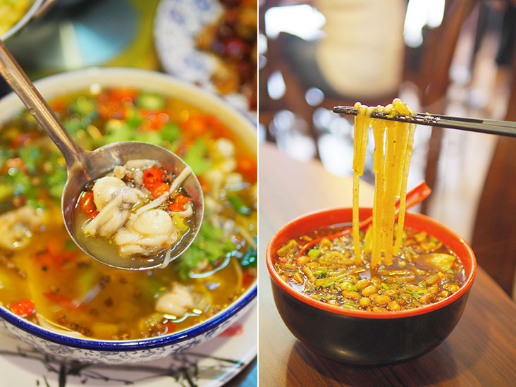 If you want a milder dish, try this stir fried frogs served with enoki mushrooms (left). The noodles have a sponge-like texture as it is made from red potatoes (right).