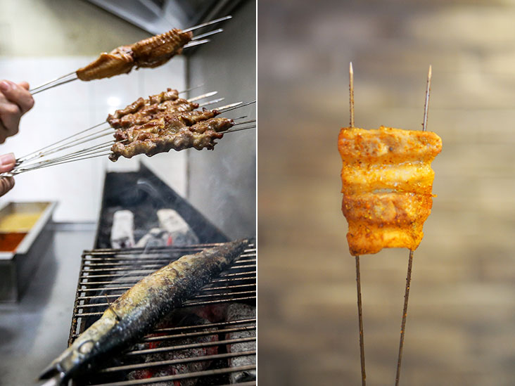 The skewers are grilled over a charcoal fire until they are golden brown (left). BBQ pork belly slices are delicious with a glass of cold beer (right).
