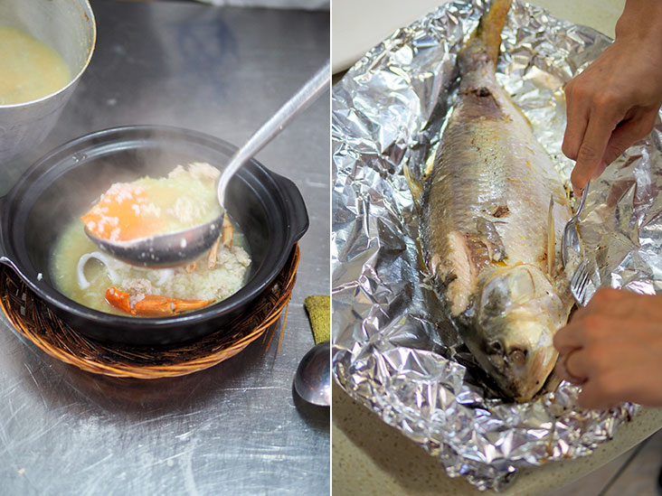Once the porridge is cooked in the pot, it is ladled into the claypot for the diners (left). Once it the salt crust is removed, you need to remove the skin and bones before serving the ikan terubuk (right).