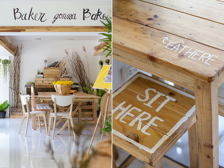 The sunlit interior of Baker Gonna Bake, a bakery café along Bangkok’s Sukhumvit Soi 26 (left). “Sit here”, then “eat here”! (right).