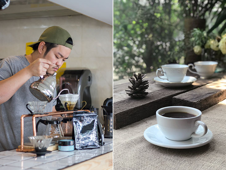 One of the baristas at Baker Gonna Bake (left). Enjoy a cup of filter coffee brewed to order (right).