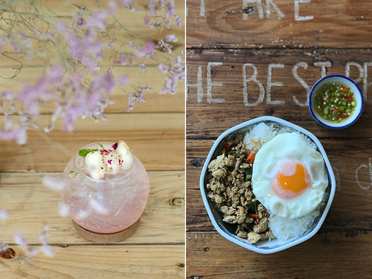 Rose soda topped with lychees, peppermint and dried rose petals (left). Pad krapao gai (or spicy Thai basil chicken with rice) with a crispy fried egg (right).