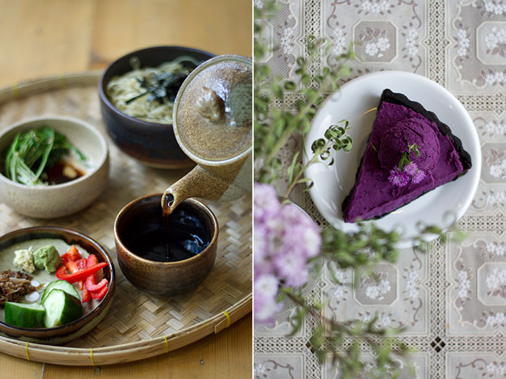 Zaru soba — chilled noodles served with grated ginger, wasabi, fresh greens, pickles and a dipping sauce (left). The stunning colour of the mashed purple sweet potato tart (right).