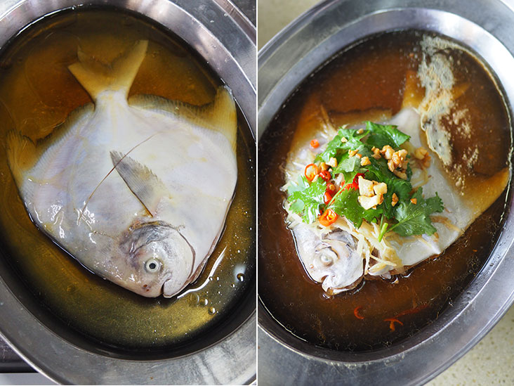You get to relish fresh silver pomfret from Matang which have a sweeter taste (left). Once steamed, quickly eat the delicate pomfret fish especially the fins which is the best part (right).