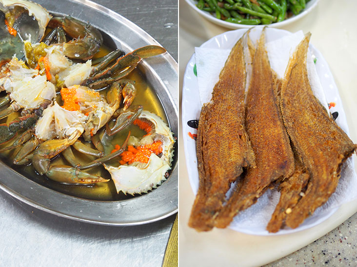 The crabs with roes are prepped for steaming in their central steamer (left). These fried sole fish is perfect with the soupy porridge (right).