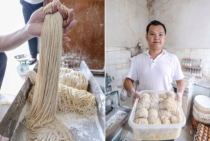 The noodles are ready to be served (left). Goh with his handmade noodles (right).