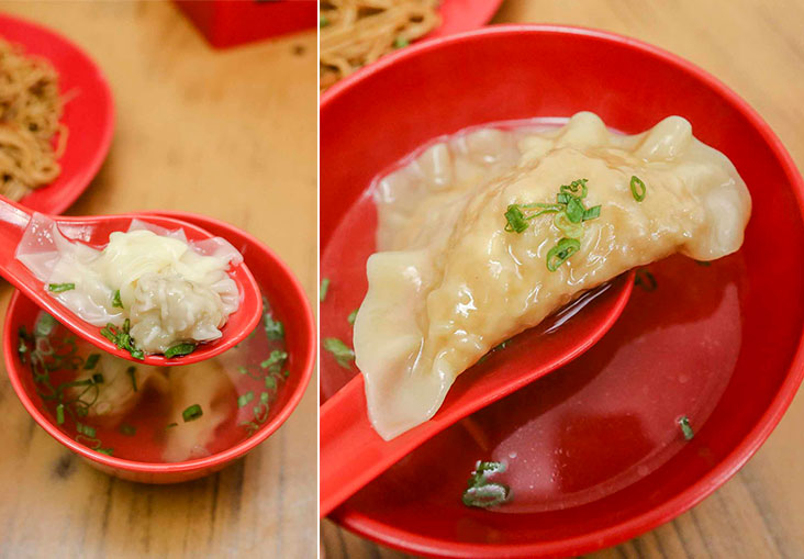 The delicate wantans are served with a clear, sweet tasting chicken soup (left). The plump siu gao is stuffed with pork mince, prawns, chopped carrots and water chestnuts (right).