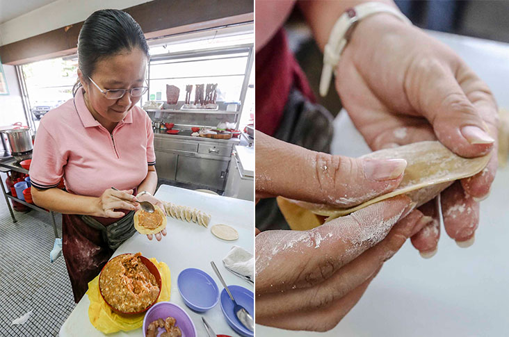 Tan makes the dumplings based on a family recipe (left). The dumplings are sealed with water to ensure they don't burst during cooking (right).