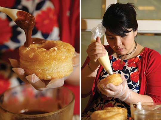 Homemade caramel is drizzled on top of the cronut (left). Once the cronuts are cool, pastry cream is delicately piped between its layers (right).