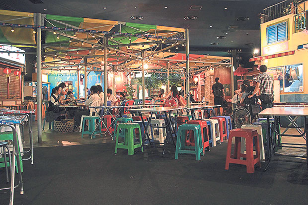The Asian night market ambience of the World Noodles Road Bazaar