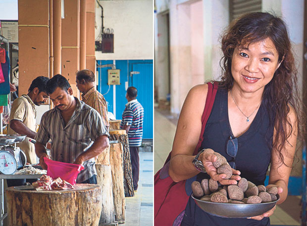 Butchers cutting meat on large wooden stumps (left). Buah keluak (Indonesian black nut) is a quintessentially Peranakan ingredient (right)