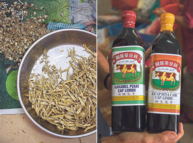 Dried local anchovies, or ikan bilis (left). Debbie Teoh favours Cap Lembu for her soy sauce (right)