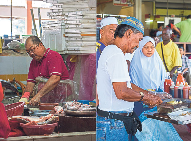 You can be assured of the freshest fish at the fishmonger’s (left). An old man is slicing some sengkuang (jicama) for the tauhu bakar (grilled stuffed tofu) he’s selling (right)
