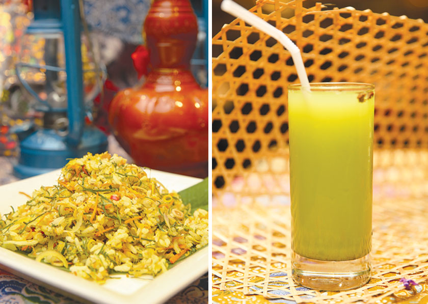 Grab a plate of the fragrant nasi ulam with its fresh herbs and dried prawns (left). The buffet will also feature kedondong juice and a serai drink (right)