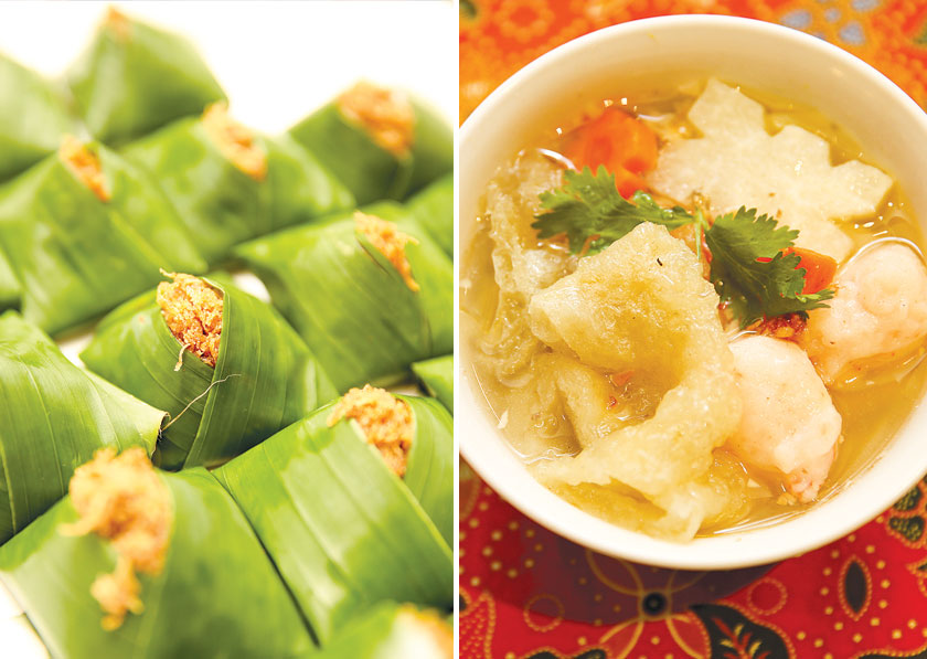 You get all kinds of Nyonya kuih at the buffet spread like this soft pulut inti topped with grated coconut (left). The Penang Nyonya version of hu pio soup is served with prawn balls (right)