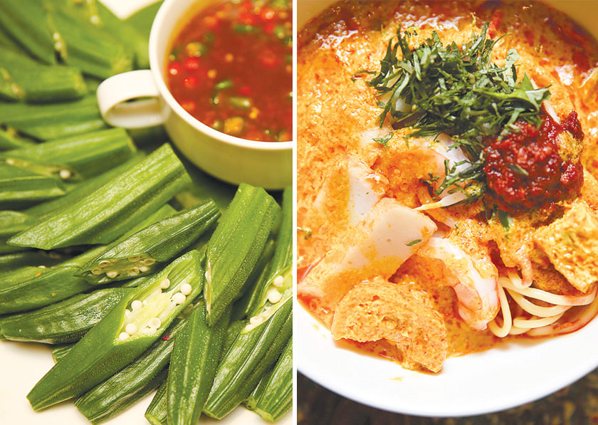 A simple but satisfying dish of steamed ladyfingers served with a soybean paste sauce and chillies (left). Watch out for that delicious gravy served with the laksa lemak Melaka as it’s addictive (right)