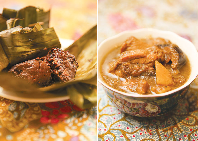 The rarely seen pais buah keluak is a decadent parcel of keluak nut paste, coconut milk, herbs, tamarind and fish (left). Pair the comforting ayam pongteh with a bowl of rice for the perfect meal (right)