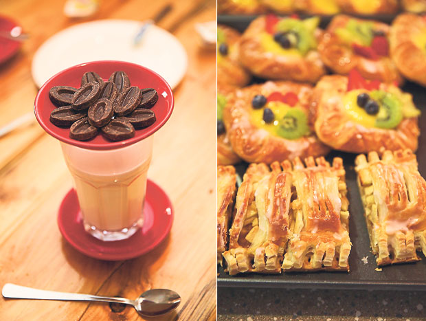 Try their delicious hot chocolate drink, which is made by mixing Valrhona chocolate discs with hot milk (left). Grab a slice of their highly sought after apple strudel that sells out by 10.30am during the weekends (right) 