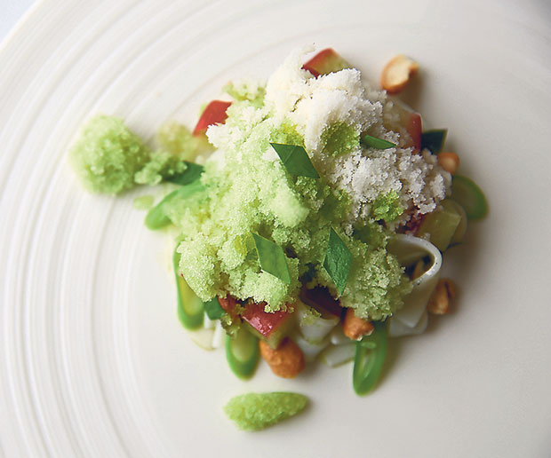 One of the appetisers served in the 10-course dinner is the refreshing rose apple and cuttlefish combination topped with snow and fragrant lime leaf oil. Usually razor clams are used but since they are not available, it is substituted with cuttlefish