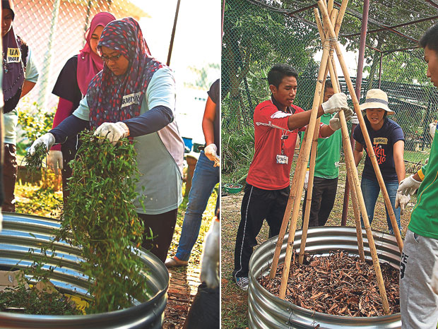 One of the volunteers during a Garden Royong session at Institut Pendidikan Guru Kampus Bahasa Melayu (left). It’s a Garden Royong day, as every one helps out to build the garden (right)