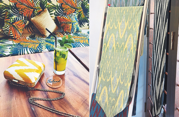 The J Ikat clutch features a leather flap for a touch of luxe (left). Table runners to brighten up your dining area (right)
